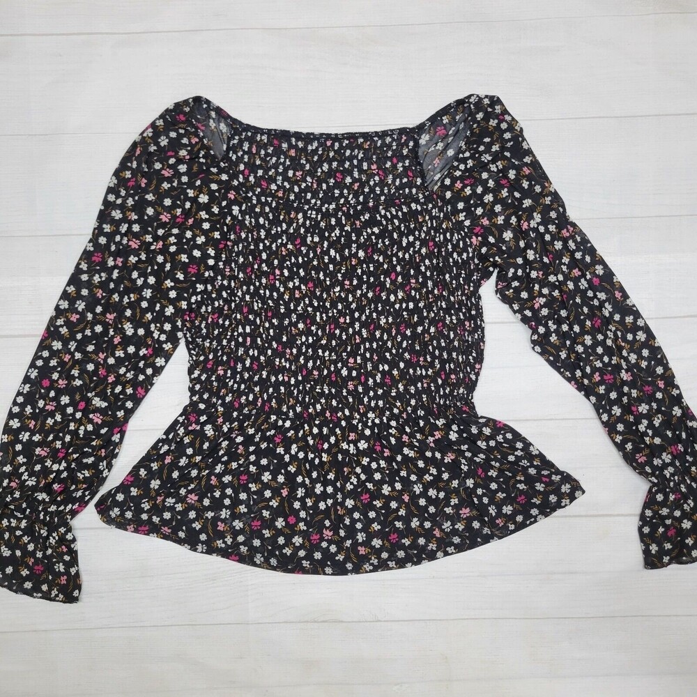 Womens Black Smocked Sheer Flower Blouse Size Small